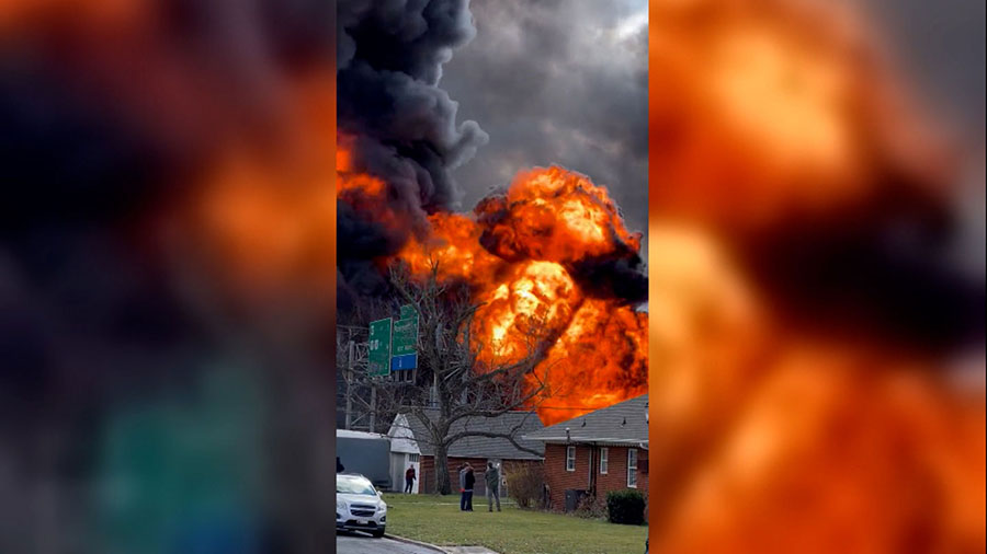 Smoke and flames billow from a tanker after it exploded on March 4 on US Route 15 in Maryland, acco...