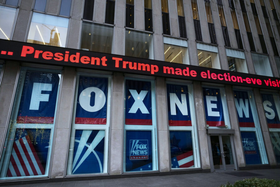 FILE - A headline about President Donald Trump is displayed outside Fox News studios in New York on...