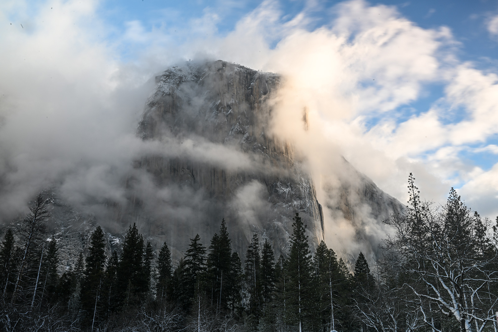 YOSEMITE, CA - FEBRUARY 22: A view of El Capitan as snow blanked Yosemite National Park in Californ...