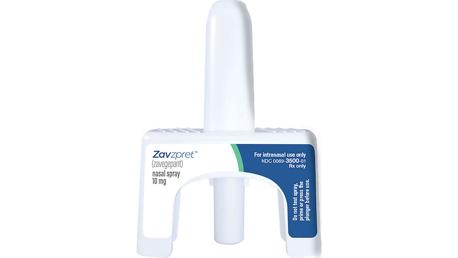 Newly approved migraine drug, nasal spray Zavzpret, from Pfizer. (Pfizer via CNN)...