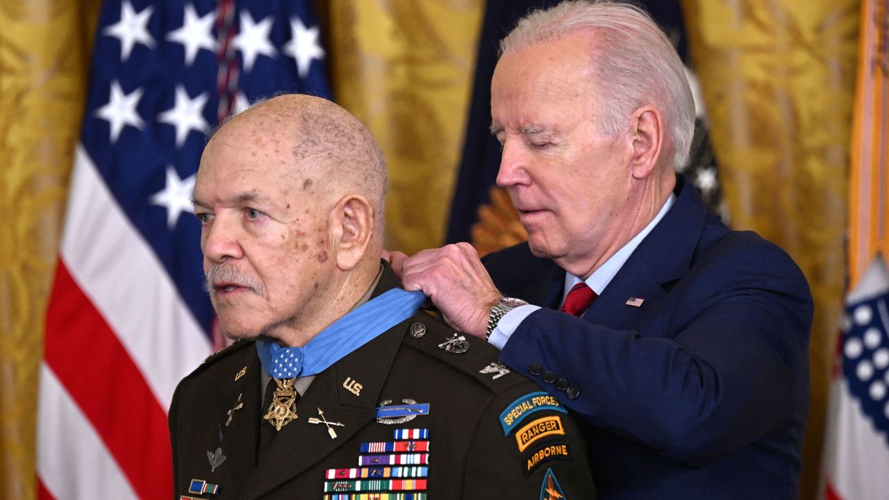 President Joe Biden awards the Medal of Honor to Vietnam War veteran, Retired US Army Colonel Paris...