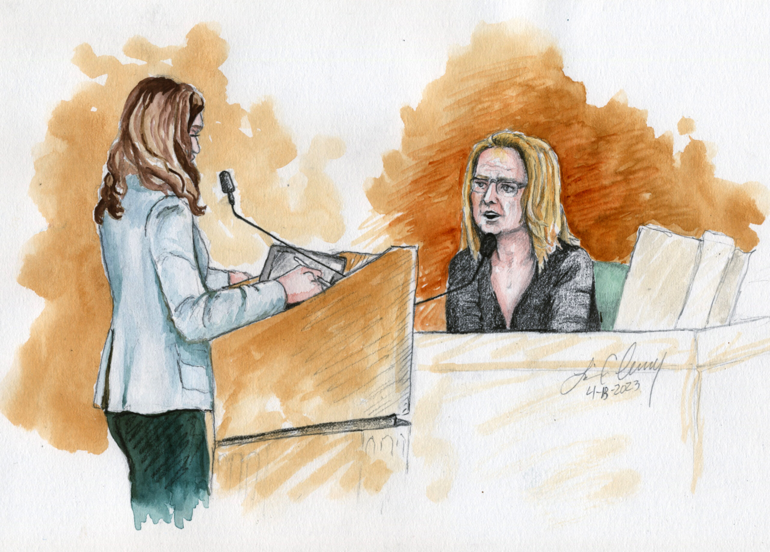 A court artist's sketch of Melanie Gibb testifying in the murder trial of Lori Vallow Daybell in Bo...