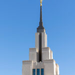 The spire of the Saratoga Springs Utah Temple features an angel Moroni statue blowing his trumpet, which symbolizes the spread of the gospel of Jesus Christ and His triumphant return. (Intellectual Reserve, Inc.)