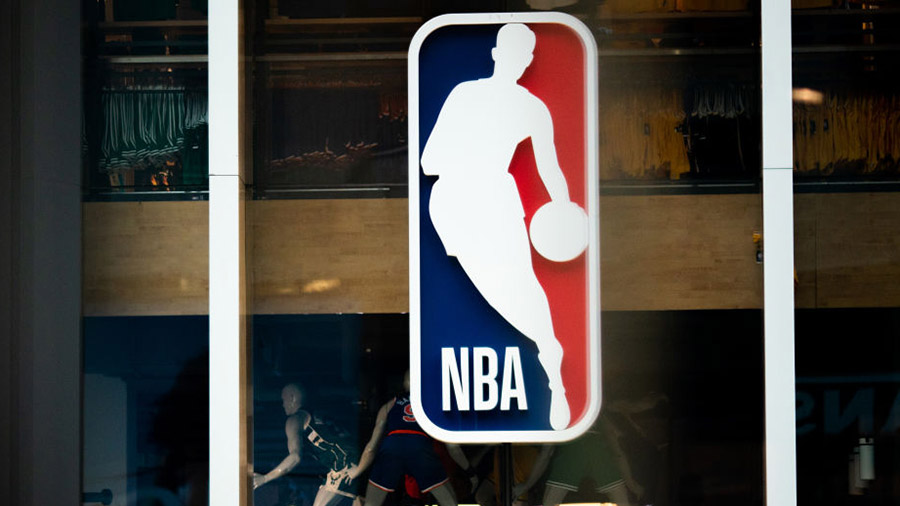 NEW YORK, NY - MARCH 12: An NBA logo is shown at the 5th Avenue NBA store on March 12, 2020 in New ...