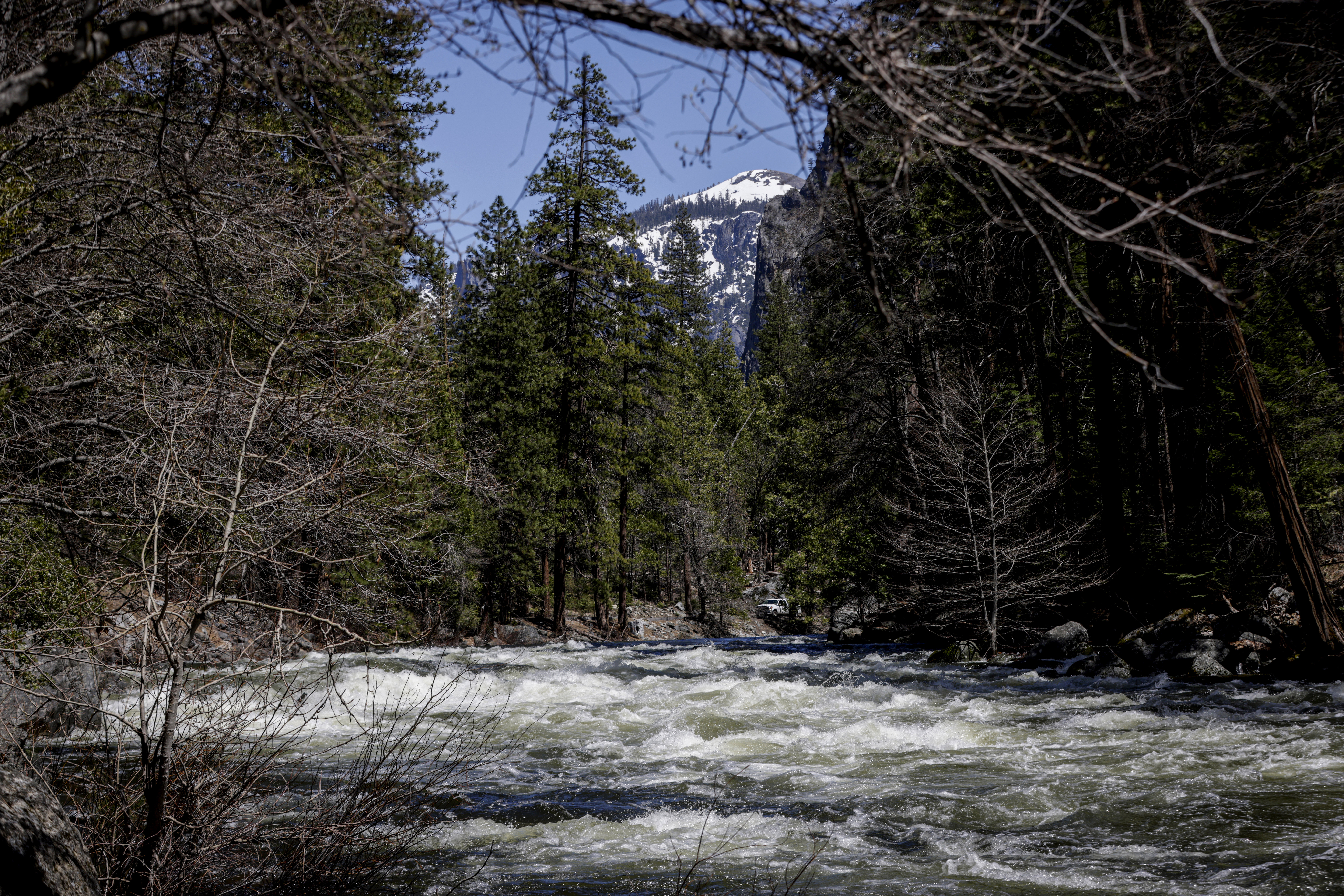 The Merced River rages through Yosemite National Park, Calif., on Tuesday, April 25, 2023. Much of ...