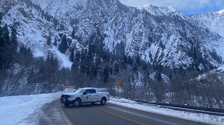 A UDOT truck blocking off the road up Big Cottonwood Canyon (Utah Department of Transportation)...