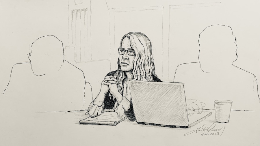 Court sketch of Lori Vallow Daybell and her two attorneys as day four of her trial continues in Boi...
