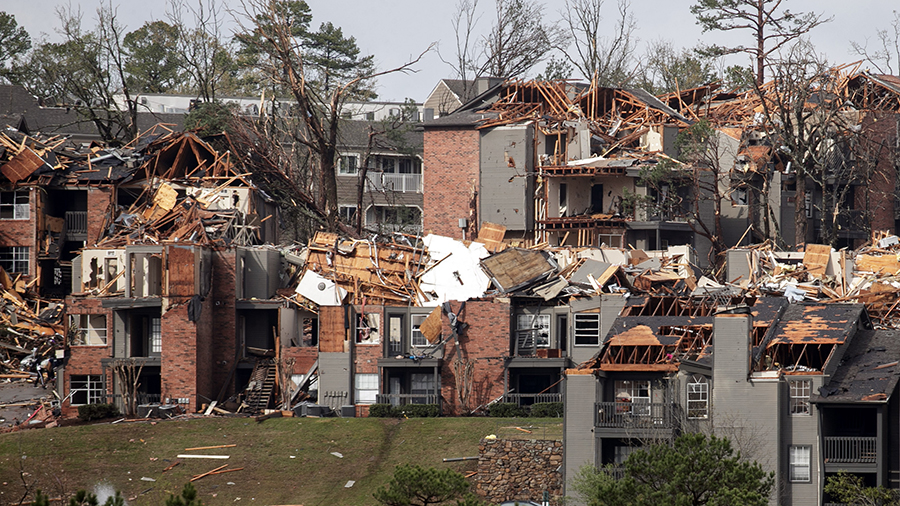 The remains of the Calais Apartment complex damaged by a tornado is seen on March 31, 2023 in Littl...