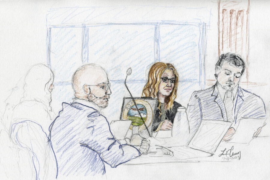 This courtroom sketch, from left, depicts Madison County prosecutor Rob Wood, Lori Vallow Daybell a...