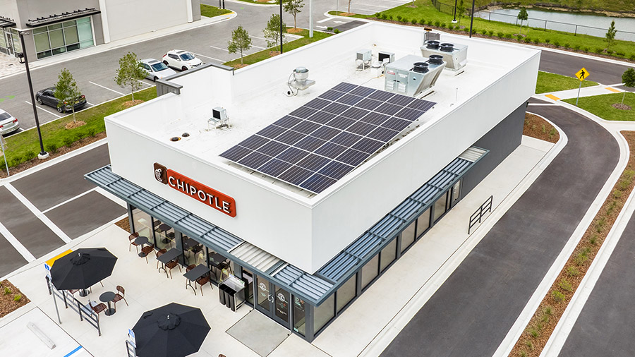 The exterior of a new Chipotle has solar panels. (Chipotle)...