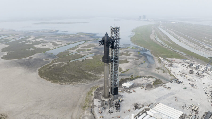 This undated photo provided by SpaceX shows the company's Starship rocket at the launch site in Boc...