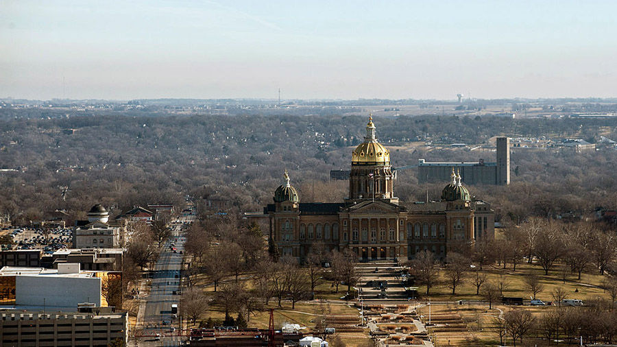 DES MOINES, IA -  FEBRUARY 1:  A view of the Iowa State Capitol building from the 33rd floor of the...