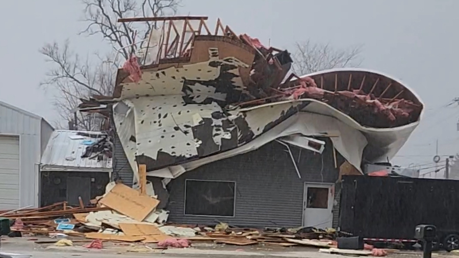 A view of damage to a building caused by a tornado, in Colona, Illinois, U.S. April 4, 2023 in this...