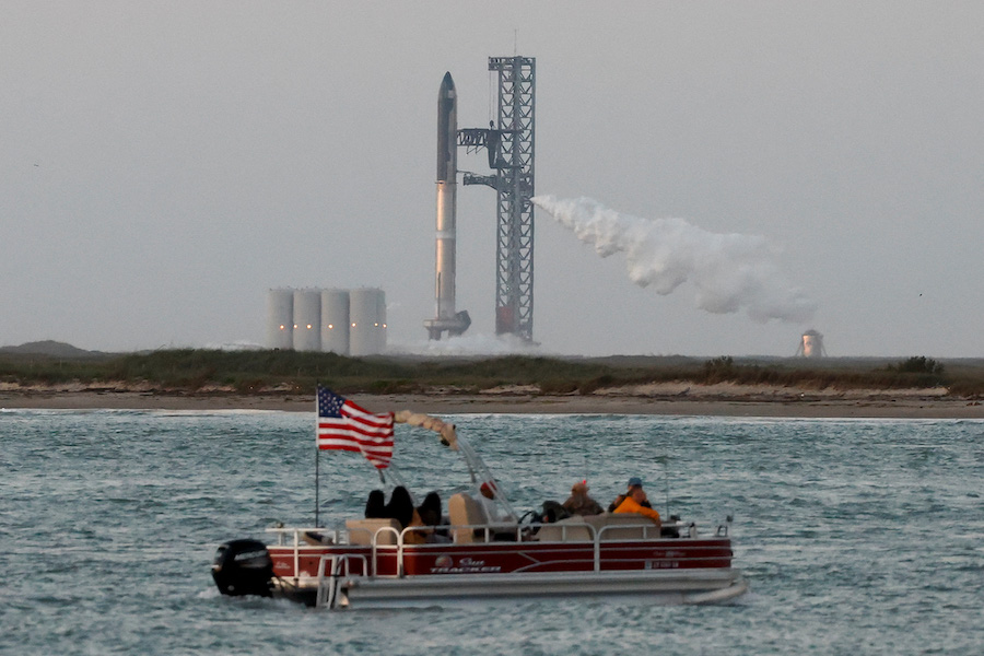 SpaceX's Starship is seen from the company's Boca Chica launchpad  near Brownsville, Texas. (Joe Sk...