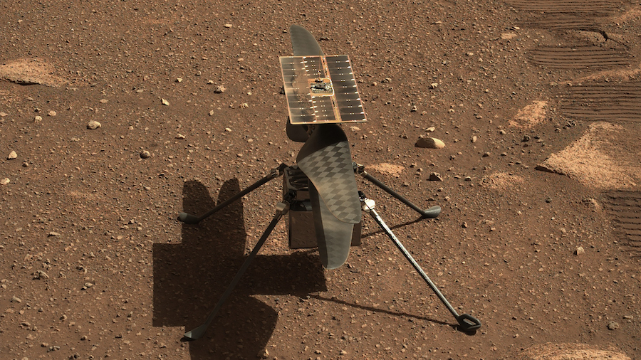 NASA's Ingenuity Mars helicopter is seen here in a close-up taken by Mastcam-Z, a pair of zoomable ...