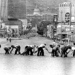 Sandbaggers work on 700 South in Salt Lake City as State Street is turned into a river due to flooding in the spring of 1983. (Tom Smart/Deseret News)