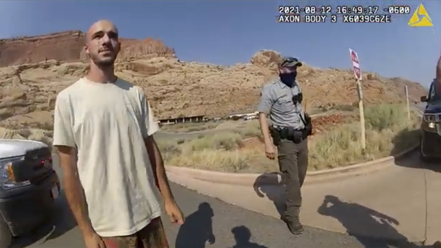 FILE - In this image taken from police body camera video provided by the Moab Police Department, Br...