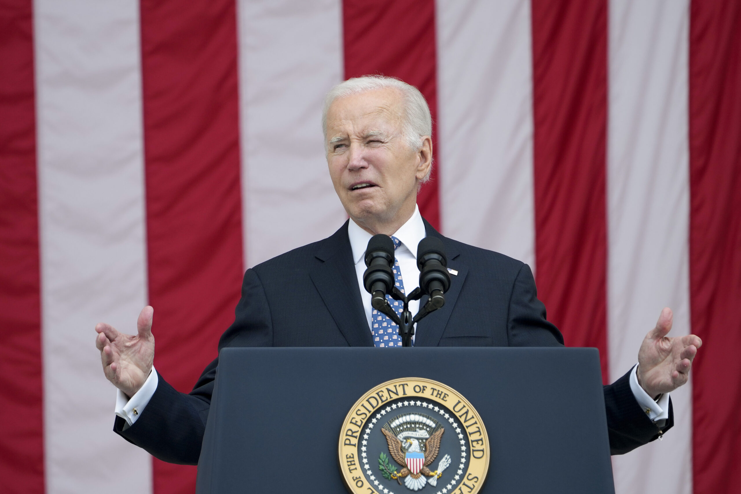 President Joe Biden speaks at the Memorial Amphitheater of Arlington National Cemetery in Arlington...
