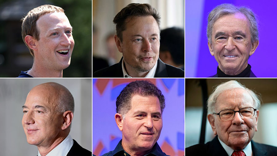Left to right, clockwise: Mark Zuckerberg, Elon Musk, Bernard Arnault, Warren Buffett, Michael Dell...