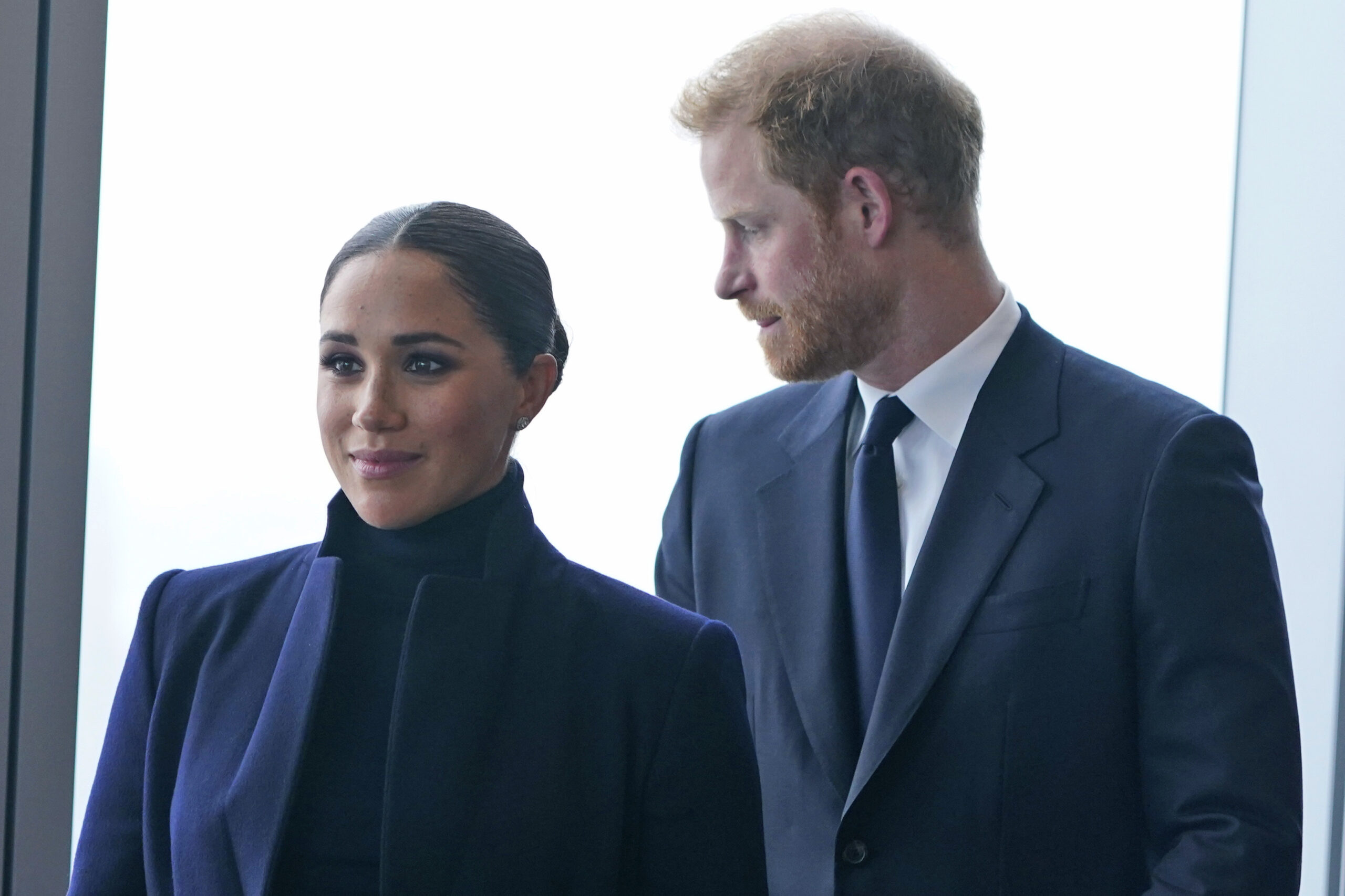 FILE - Meghan Markle, and her husband Prince Harry arrive to the observatory in One World Trade in ...