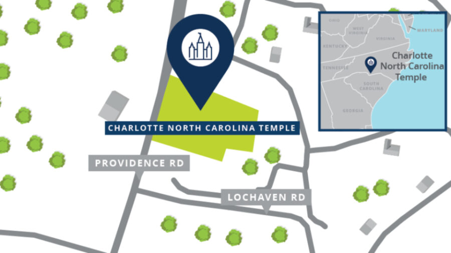 A map showing the location of the Charlotte North Carolina Temple (Church of Jesus Christ of Latter...