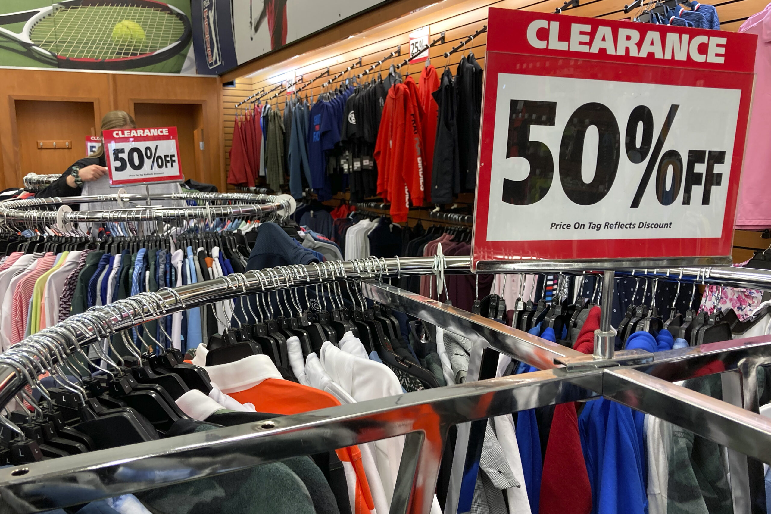 Clearance sale signs are displayed at a retail store in Downers Grove, Ill., Wednesday, April 26, 2...