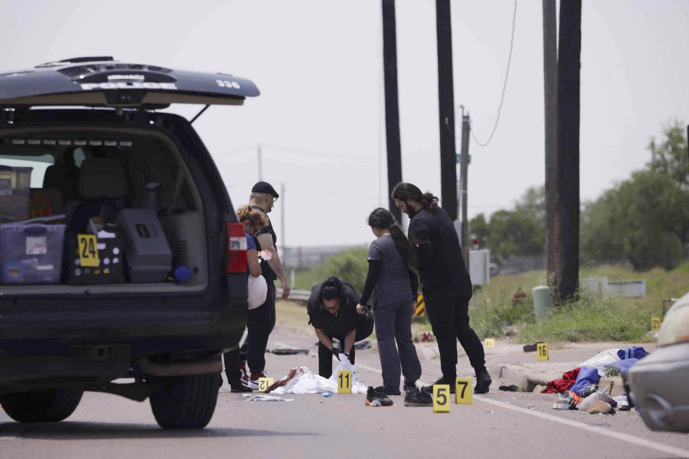 Emergency personnel respond to a fatal collision in Brownsville, Texas, on Sunday, May 7, 2023. Sev...