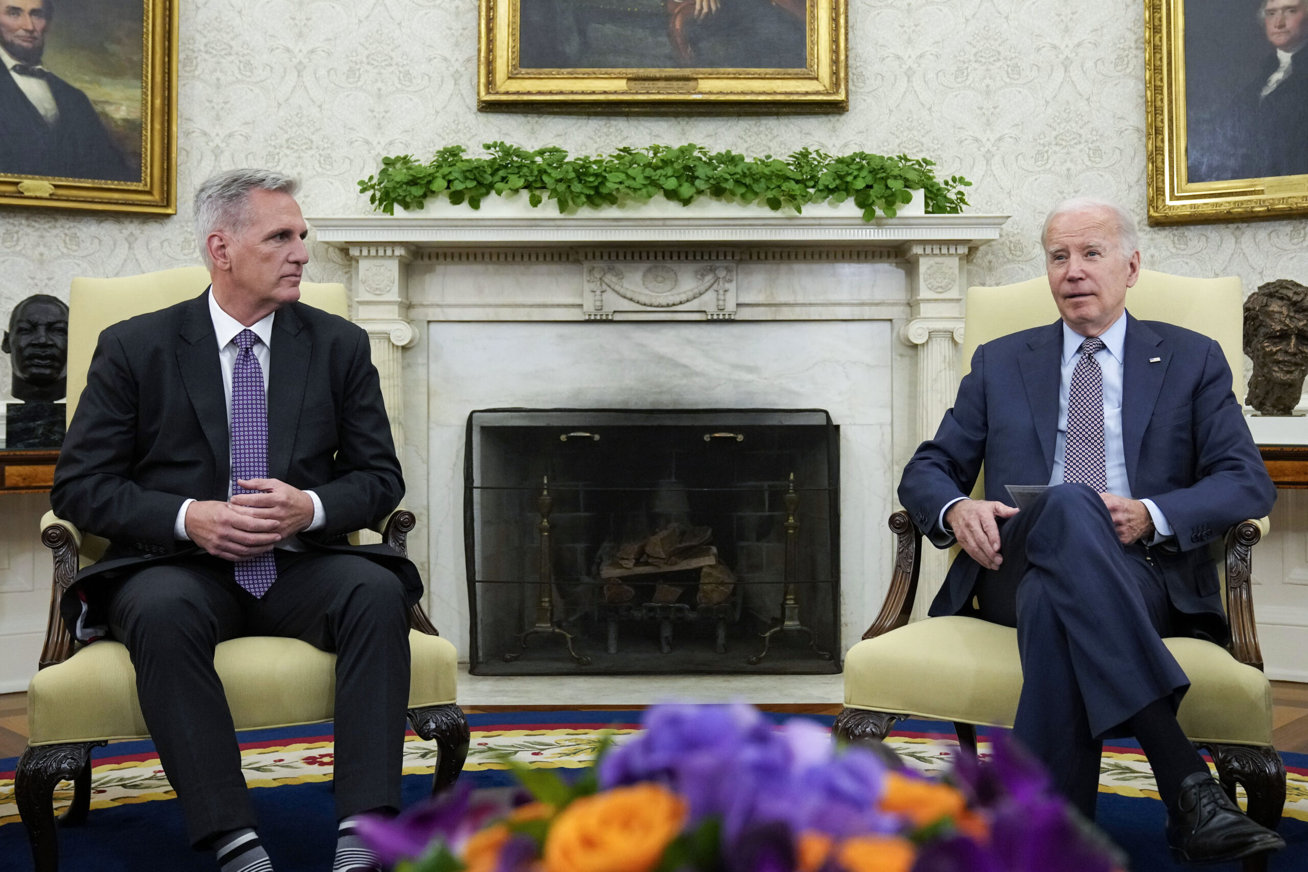 FILE - President Joe Biden meets with House Speaker Kevin McCarthy of Calif., to discuss the debt l...