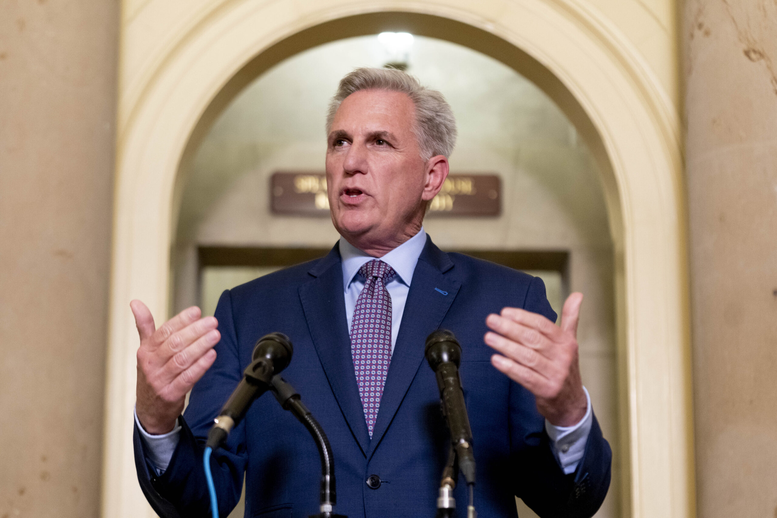 FILE - House Majority Leader Kevin McCarthy of Calif., speaks to reporters outside his office at th...