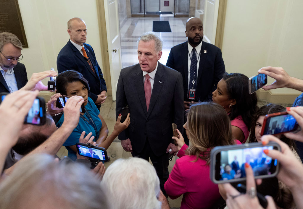 Speaker of the House Kevin McCarthy (R-CA) speaks to reporters as he arrives at the U.S. Capitol on...