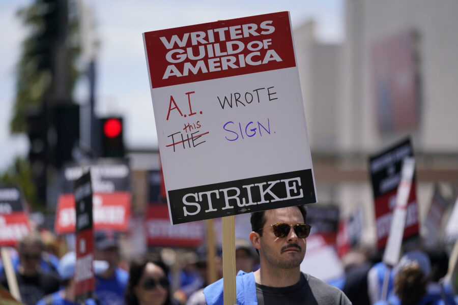 Members of the The Writers Guild of America picket outside Fox Studios on Tuesday, May 2, 2023, in ...