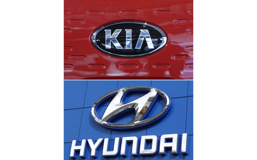 FILE- This combination of file photos shows the logo of Kia Motors Dec. 13, 2017, in Seoul, South K...