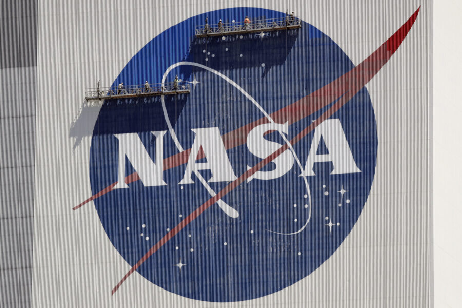 NASA logo near the top of the Vehicle Assembly Building at the Kennedy Space Center in Cape Canaver...