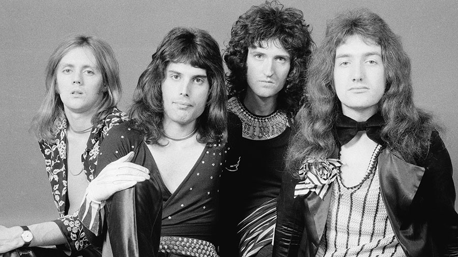 From left): Drummer Roger Taylor, singer Freddie Mercury, guitarist Brian May, and bassist John Dea...