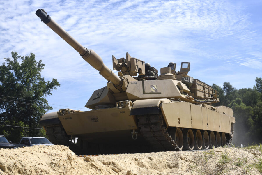 FILE - A M1A1 Abrams tank navigates on various types of matting systems developed by U.S. Army's En...