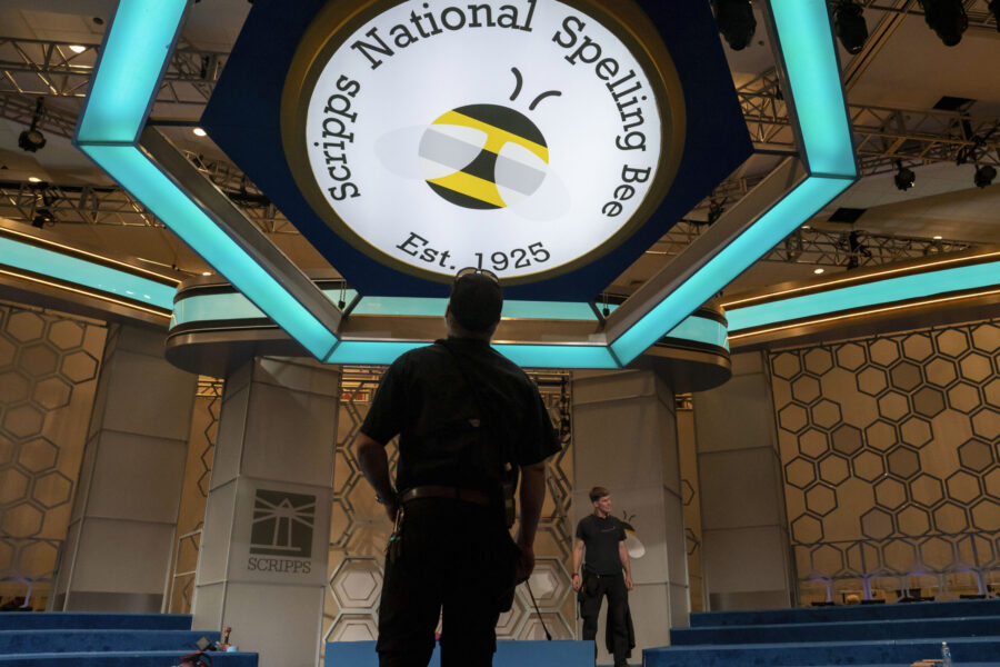 Crew members assemble the main stage ahead of the 2023 Scripps Nations Spelling Bee on Sunday, May ...