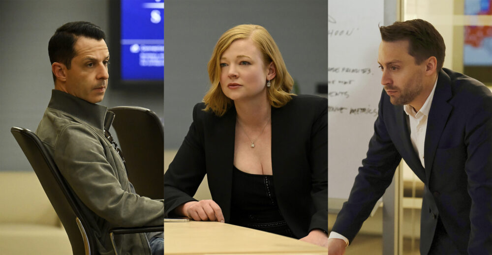 This combination of three separate photos shows Jeremy Strong as Kendall Roy, left, Sarah Snook as ...