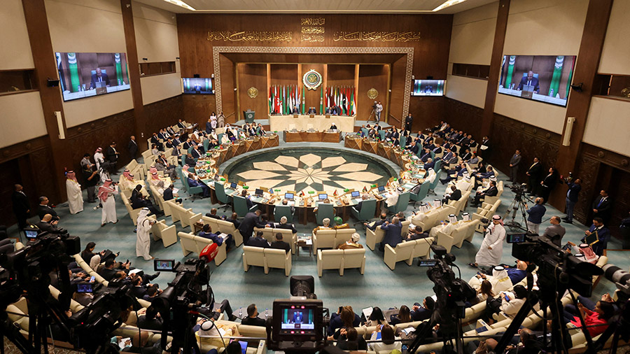 A general view shows Arab foreign ministers at the Arab League Headquarters in Cairo...