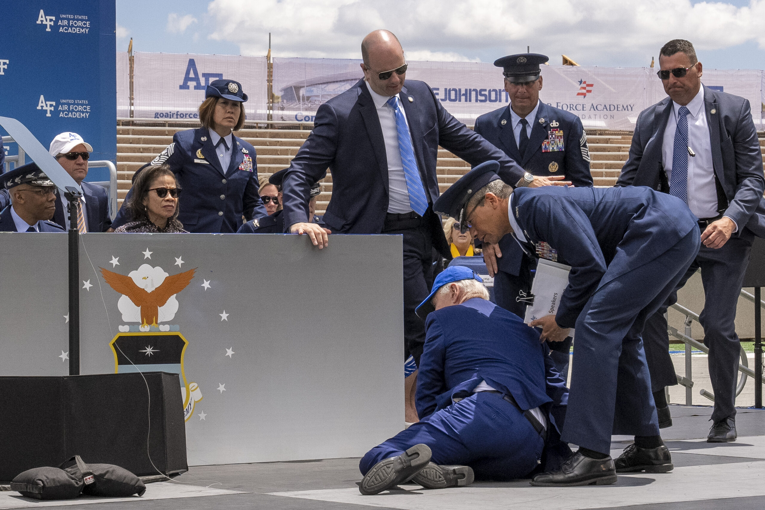 President Joe Biden falls on stage during the 2023 United States Air Force Academy Graduation Cerem...