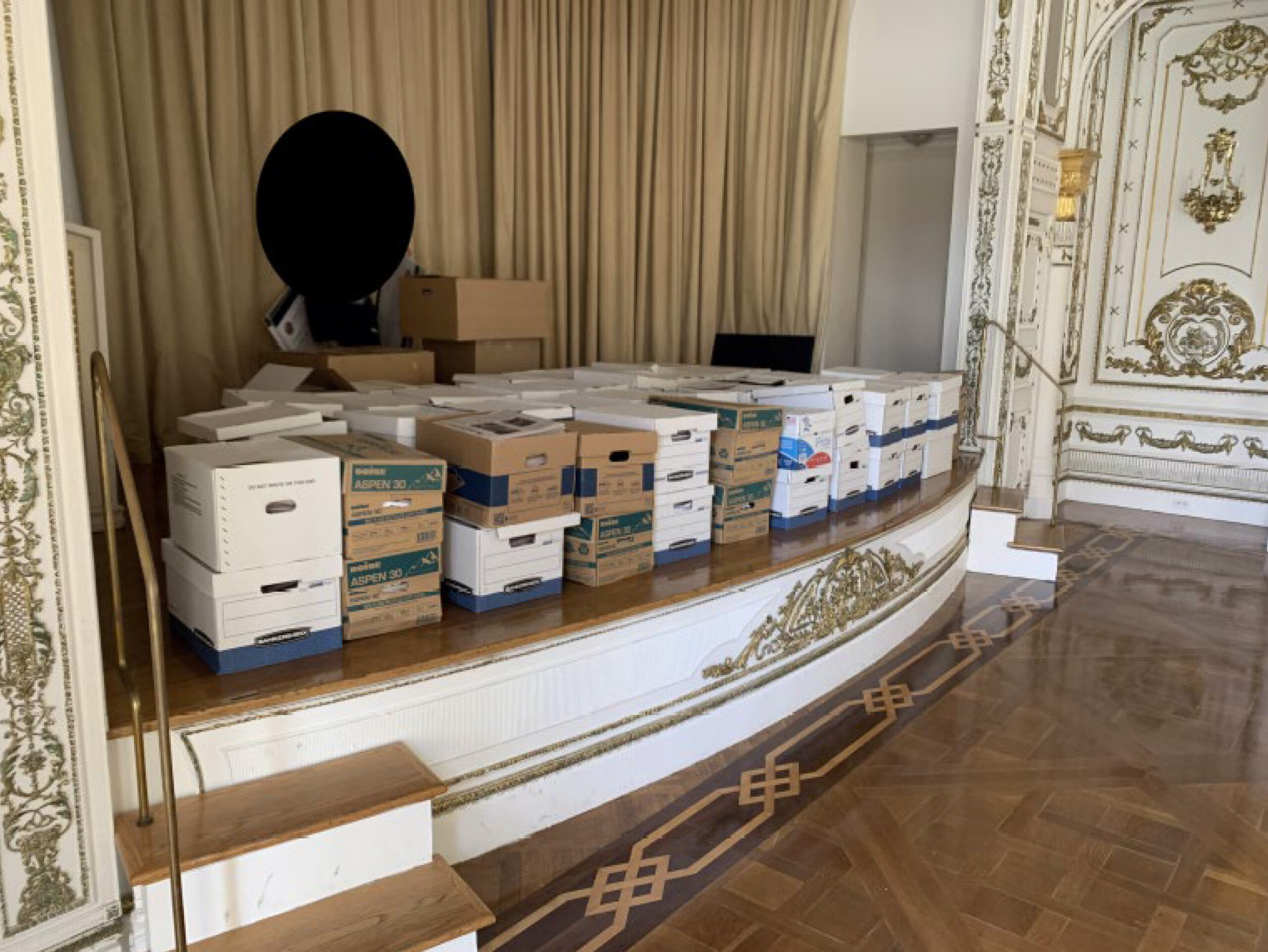 This image, contained in the indictment against former President Donald Trump, shows boxes of recor...