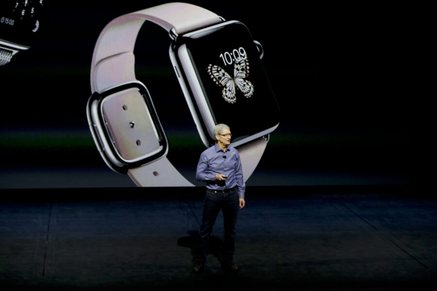 File - Apple CEO Tim Cook discusses the Apple Watch at the Apple event at the Bill Graham Civic Aud...