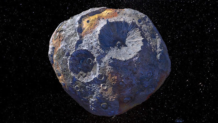 This rendering shows how scientists think the Psyche asteroid appears up close. (MaxarASU/P. Rubin/...