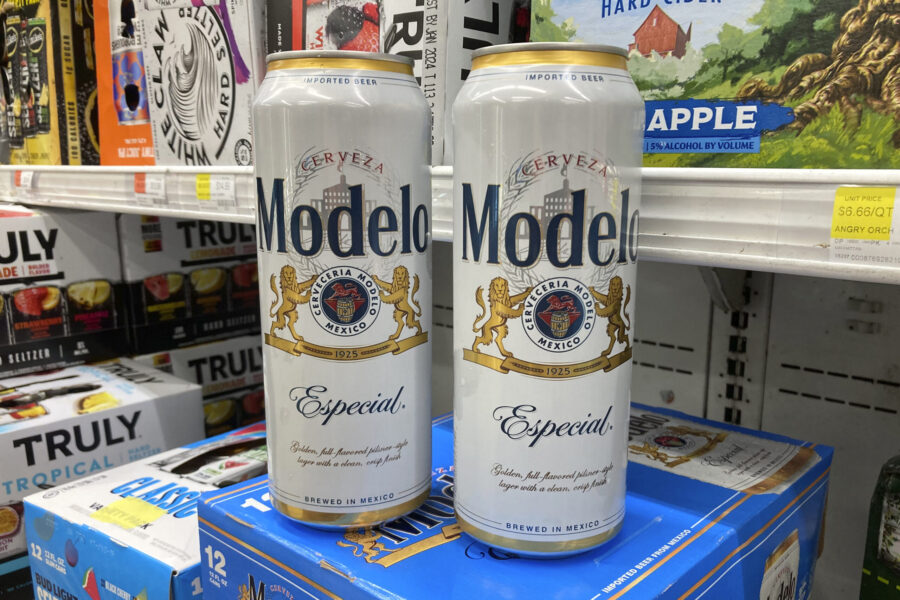 Cans of Modelo Especial beer are shown at a supermarket in New York on Wednesday, June 14, 2023. Af...