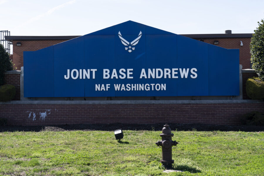 FILE - The sign for Joint Base Andrews is seen on March 26, 2021, at Andrews Air Force Base, Md. A ...