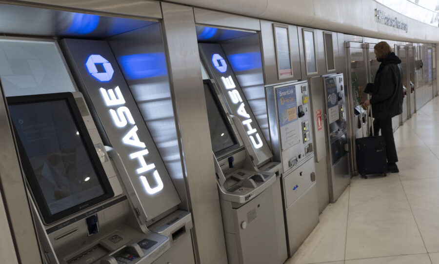 FILE - Chase Bank ATMs are shown, Thursday, March 25, 2021, in New York. Customers of Chase’s onl...