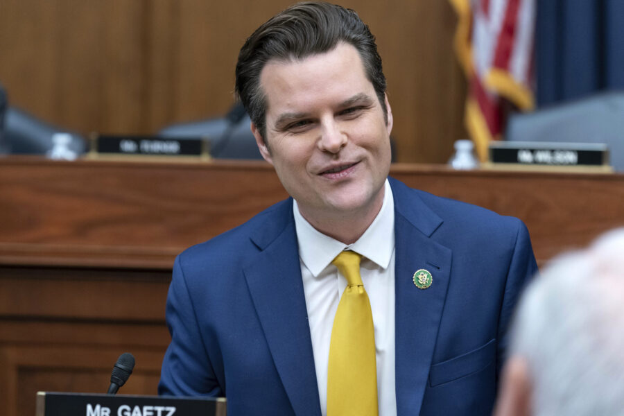 FILE - Rep. Matt Gaetz, R-Fla., speaks during the House Armed Services Committee hearing on the fis...