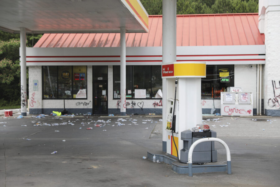 Debris is spread out in front of a convenience store, Tuesday, May 30, 2023, in Columbia, S.C. Rich...