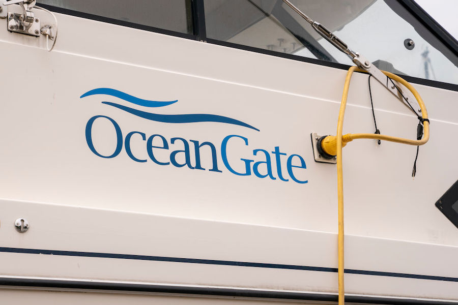 The OceanGate logo is seen on a vessel stored near the OceanGate offices on June 21, 2023 in Everet...