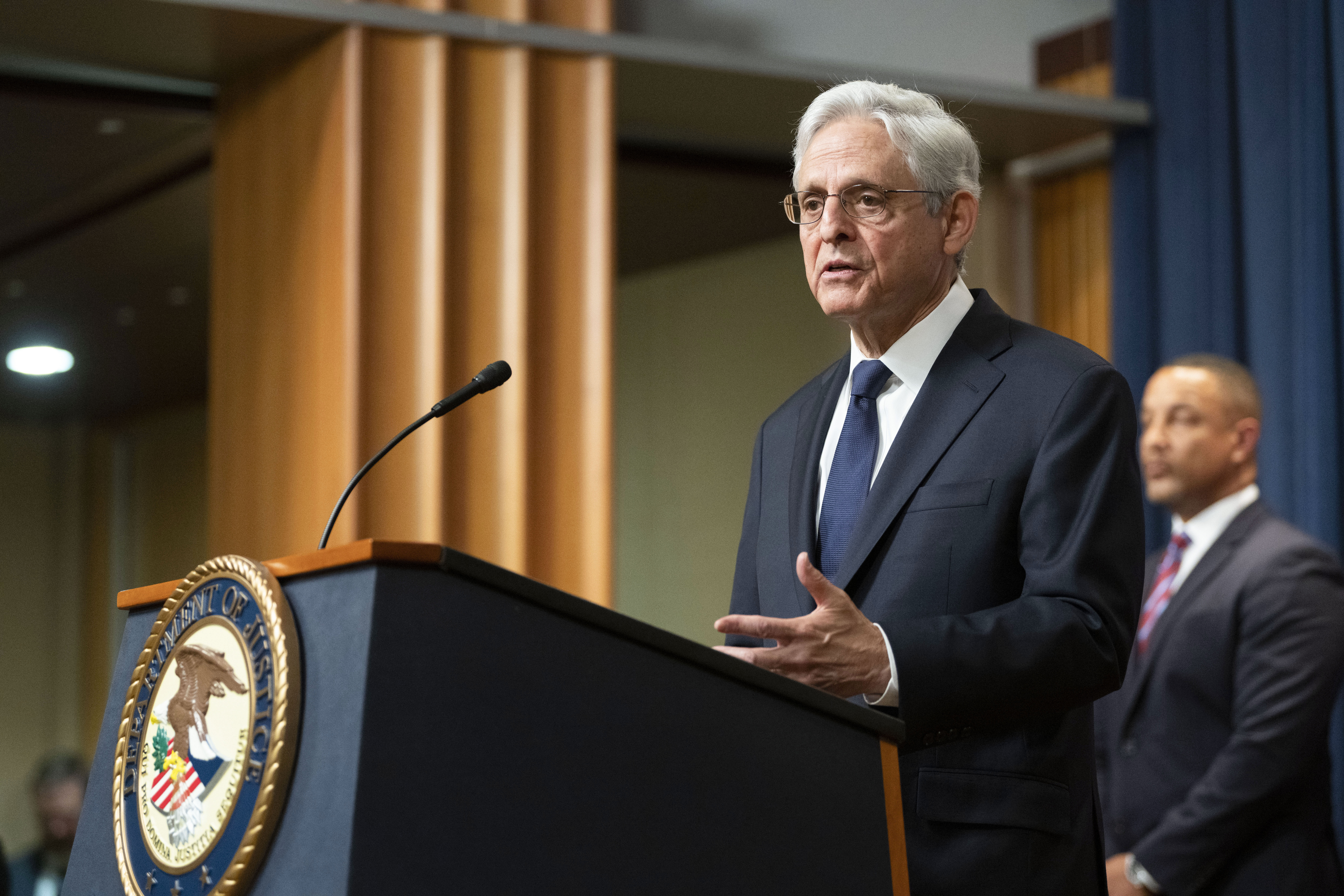 FILE - Attorney General Merrick Garland speaks at a press conference to announce arrests and disrup...