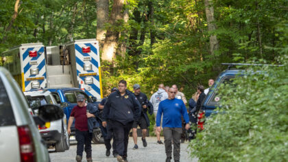 Search and rescue teams leave the command post at St. Mary's Wilderness en route to the Blue Ridge Parkway to search for the site where a Cessna Citation plane crashed over mountainous terrain near Montebello, Virginia, Sunday, June 4, 2023.